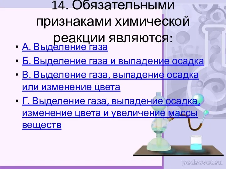 14. Обязательными признаками химической реакции являются: А. Выделение газа Б. Выделение газа