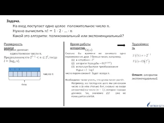 ФПМИ БГУ Размерность задачи Время работы алгоритма Трудоёмкость биты