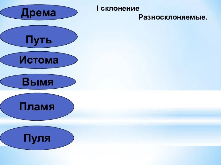 Путь Истома Дрема Пуля Пламя Вымя I склонение Разносклоняемые.