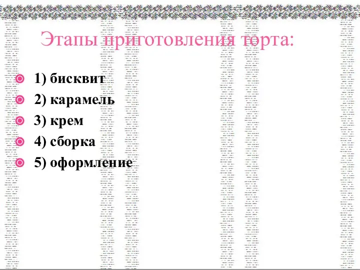 Этапы приготовления торта: 1) бисквит 2) карамель 3) крем 4) сборка 5) оформление