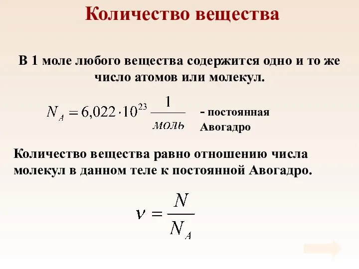 Количество вещества В 1 моле любого вещества содержится одно и то же