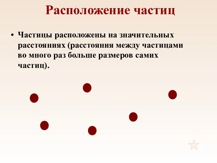 Расположение частиц Частицы расположены на значительных расстояниях (расстояния между частицами во много