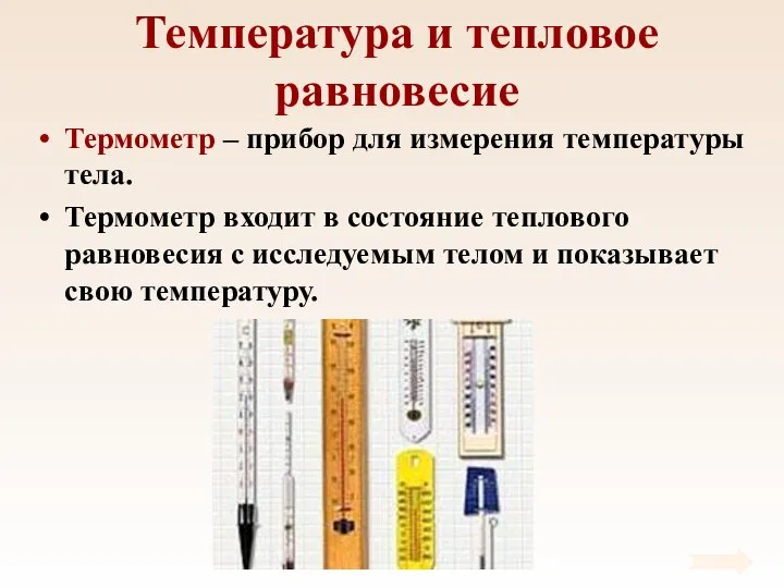 Температура и тепловое равновесие Термометр – прибор для измерения температуры тела. Термометр