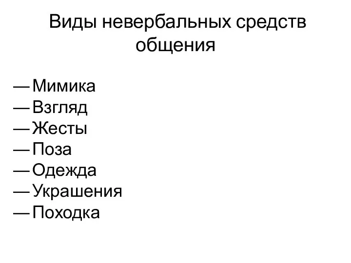 Виды невербальных средств общения Мимика Взгляд Жесты Поза Одежда Украшения Походка