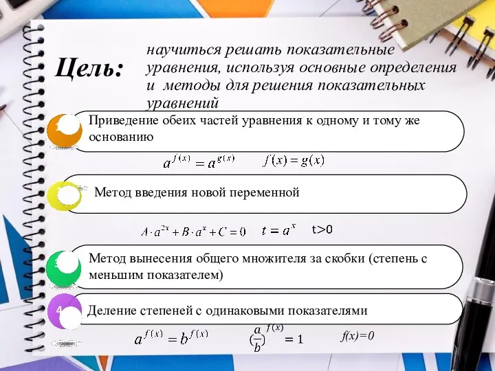 научиться решать показательные уравнения, используя основные определения и методы для решения показательных