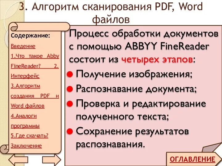 3. Алгоритм сканирования PDF, Word файлов ОГЛАВЛЕНИЕ Процесс обработки документов с помощью