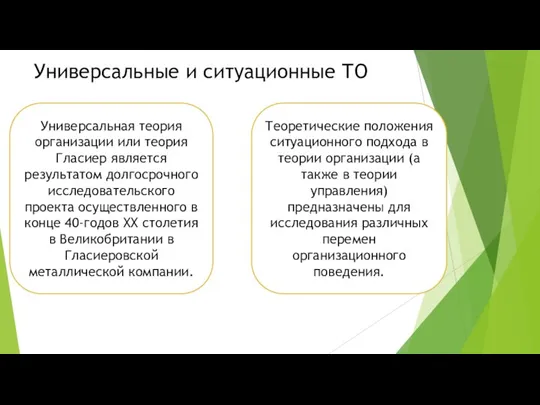 Универсальные и ситуационные ТО Универсальная теория организации или теория Гласиер является результатом