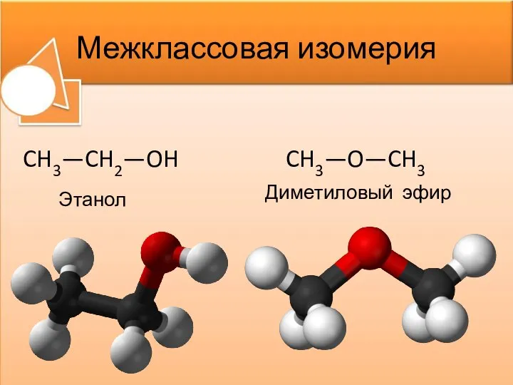 Межклассовая изомерия CH3—CH2—OH CH3—O—CH3 Этанол Диметиловый эфир