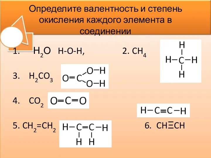 Определите валентность и степень окисления каждого элемента в соединении 1. Н2О H-O-H,