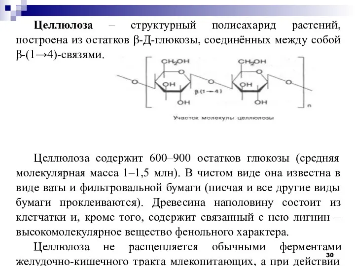 Целлюлоза – структурный полисахарид растений, построена из остатков β-Д-глюкозы, соединённых между собой