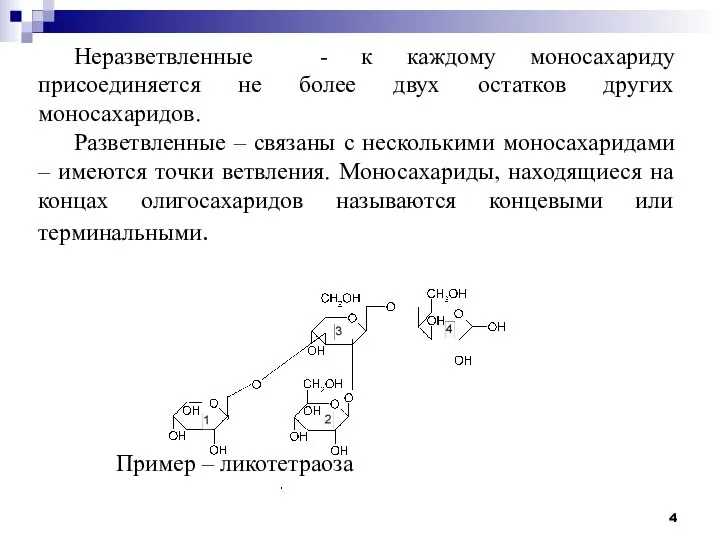 Неразветвленные - к каждому моносахариду присоединяется не более двух остатков других моносахаридов.