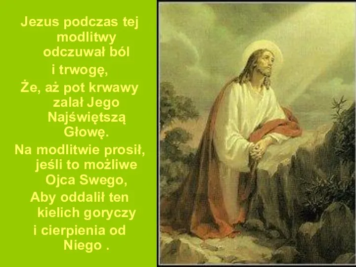 Jezus podczas tej modlitwy odczuwał ból i trwogę, Że, aż pot krwawy