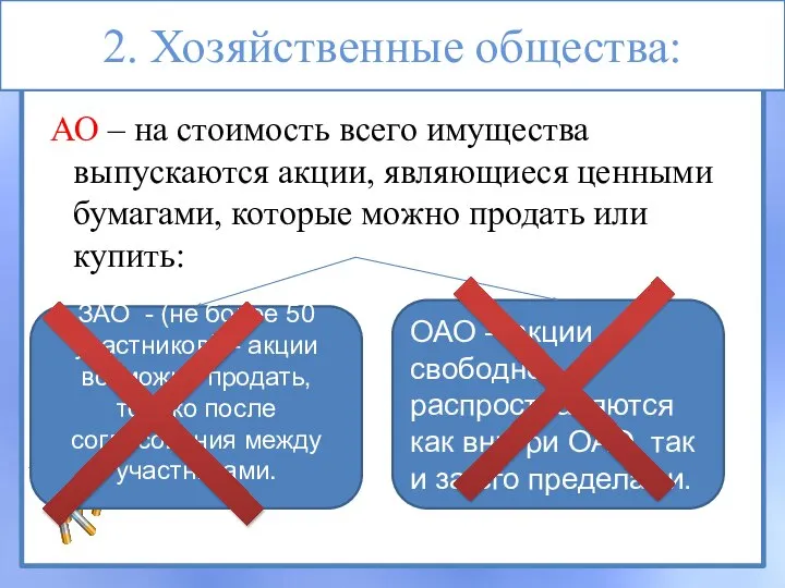 2. Хозяйственные общества: АО – на стоимость всего имущества выпускаются акции, являющиеся