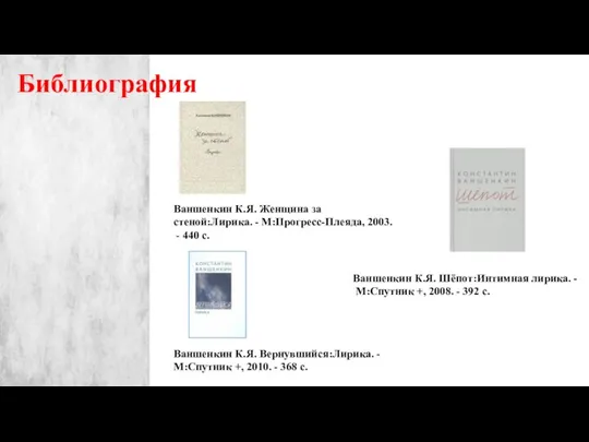 Библиография Ваншенкин К.Я. Женщина за стеной:Лирика. - М:Прогресс-Плеяда, 2003. - 440 с.