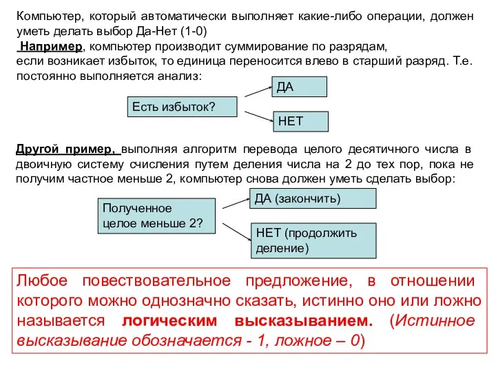 Компьютер, который автоматически выполняет какие-либо операции, должен уметь делать выбор Да-Нет (1-0)