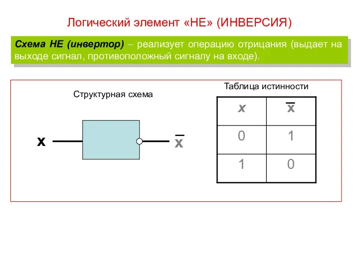 Схема НЕ (инвертор) – реализует операцию отрицания (выдает на выходе сигнал, противоположный