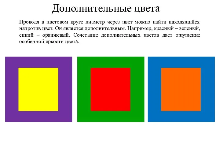 Дополнительные цвета Проводя в цветовом круге диаметр через цвет можно найти находящийся
