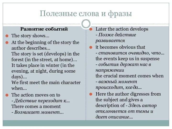 Полезные слова и фразы Развитие событий The story shows… At the beginning