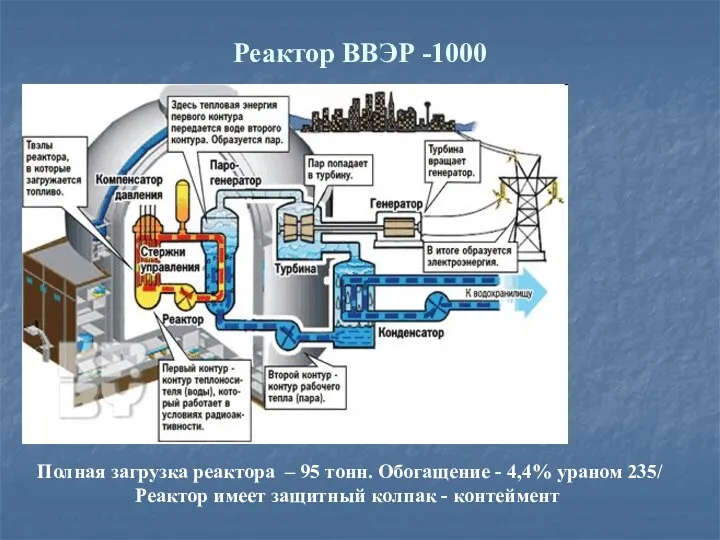 Реактор ВВЭР -1000 Полная загрузка реактора – 95 тонн. Обогащение - 4,4%