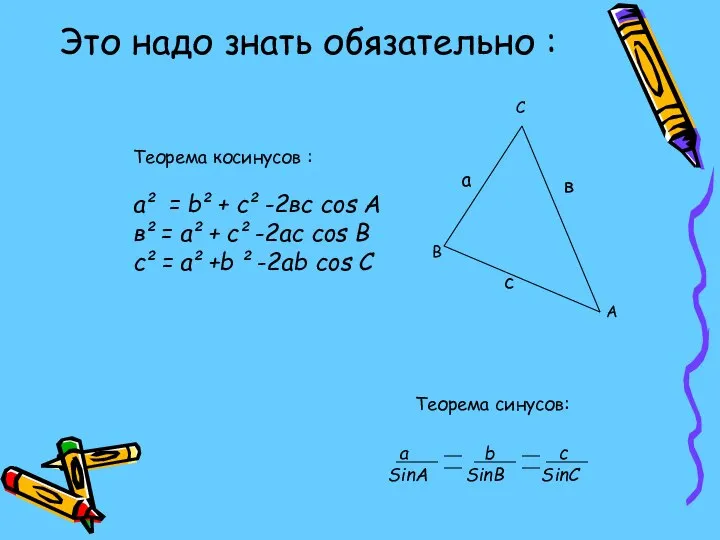 Это надо знать обязательно : Теорема косинусов : а² = b²+ с²-2вс