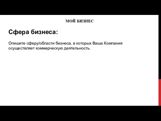 МОЙ БИЗНЕС Сфера бизнеса: Опишите сферу/области бизнеса, в которых Ваша Компания осуществляет коммерческую деятельность.