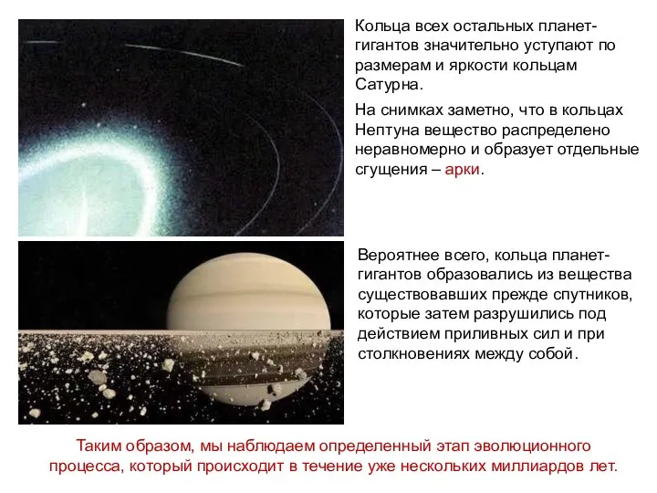 Кольца всех остальных планет-гигантов значительно уступают по размерам и яркости кольцам Сатурна.