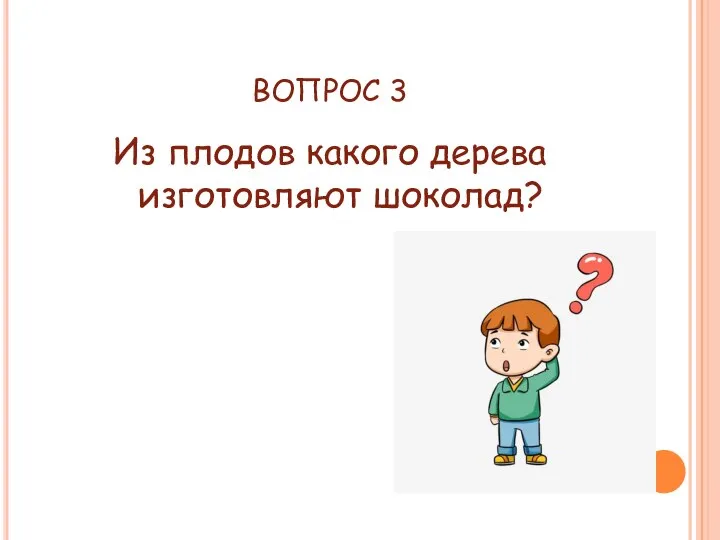 ВОПРОС 3 Из плодов какого дерева изготовляют шоколад?