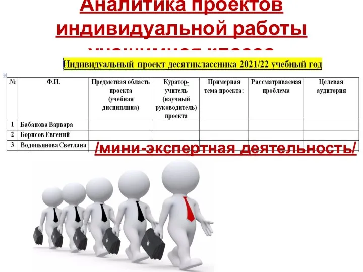 Аналитика проектов индивидуальной работы учащимися класса /мини-экспертная деятельность/