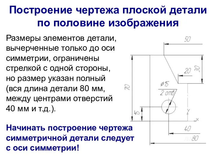 Построение чертежа плоской детали по половине изображения Размеры элементов детали, вычерченные только