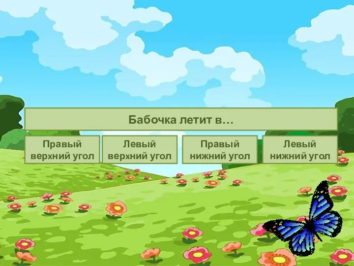 Бабочка летит в… Правый верxний угол Левый нижний угол Правый нижний угол Левый верxний угол