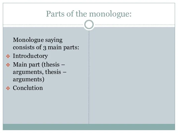 Parts of the monologue: Monologue saying consists of 3 main parts: Introductory