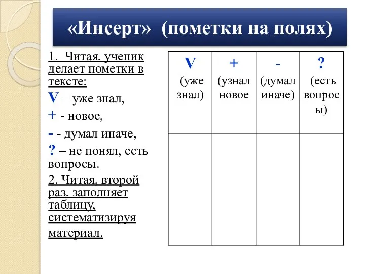 «Инсерт» (пометки на полях) 1. Читая, ученик делает пометки в тексте: V