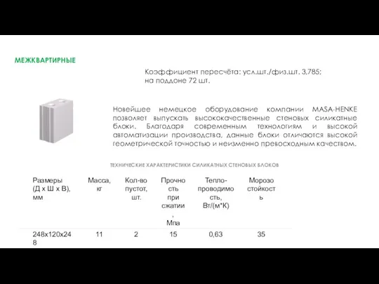 МЕЖКВАРТИРНЫЕ ТЕХНИЧЕСКИЕ ХАРАКТЕРИСТИКИ СИЛИКАТНЫХ СТЕНОВЫХ БЛОКОВ Новейшее немецкое оборудование компании MASA-HENKE позволяет