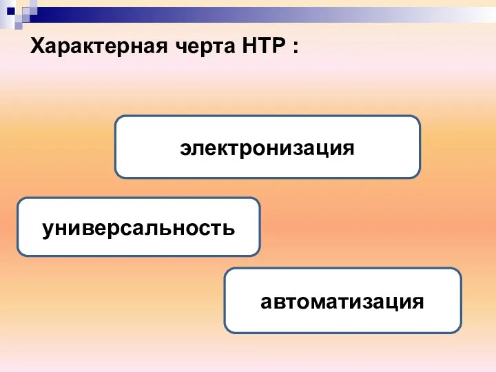 Характерная черта НТР : универсальность электронизация автоматизация