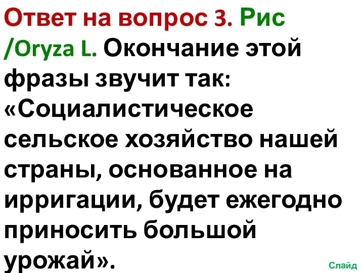 Ответ на вопрос 3. Рис /Oryza L. Окончание этой фразы звучит так: