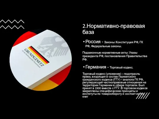 2.Нормативно-правовая база Россия - Законы: Конституция РФ, ГК РФ, Федеральные законы. Подзаконные