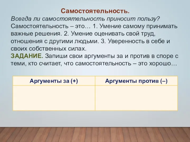 Самостоятельность. Всегда ли самостоятельность приносит пользу? Самостоятельность – это… 1. Умение самому