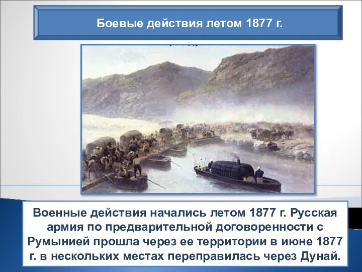 Военные действия начались летом 1877 г. Русская армия по предварительной договоренности с