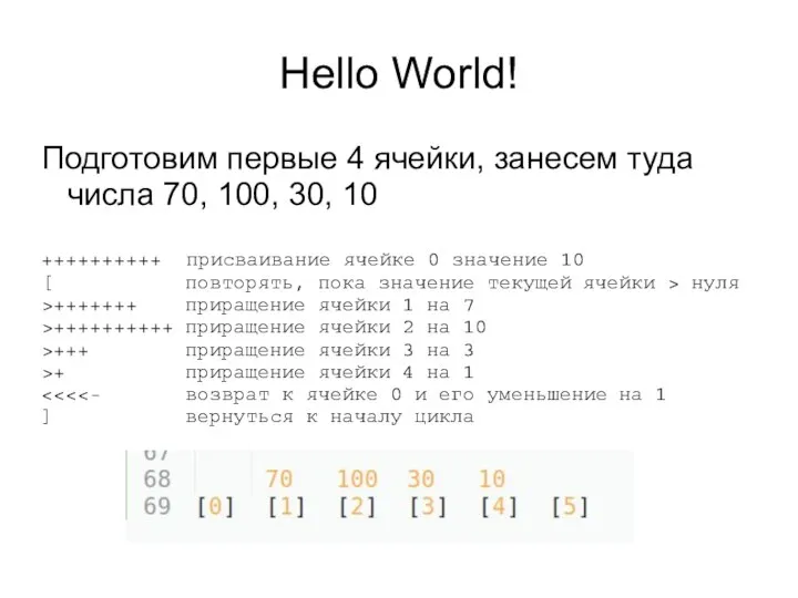 Hello World! Подготовим первые 4 ячейки, занесем туда числа 70, 100, 30,