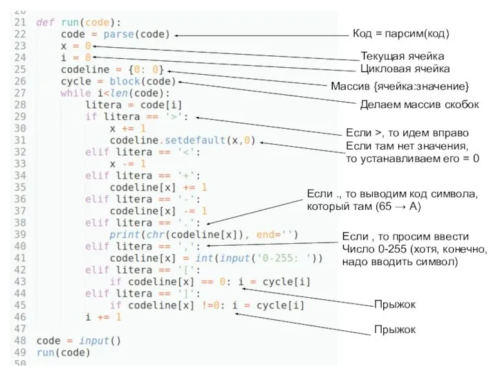 Код = парсим(код) Текущая ячейка Цикловая ячейка Массив {ячейка:значение} Делаем массив скобок