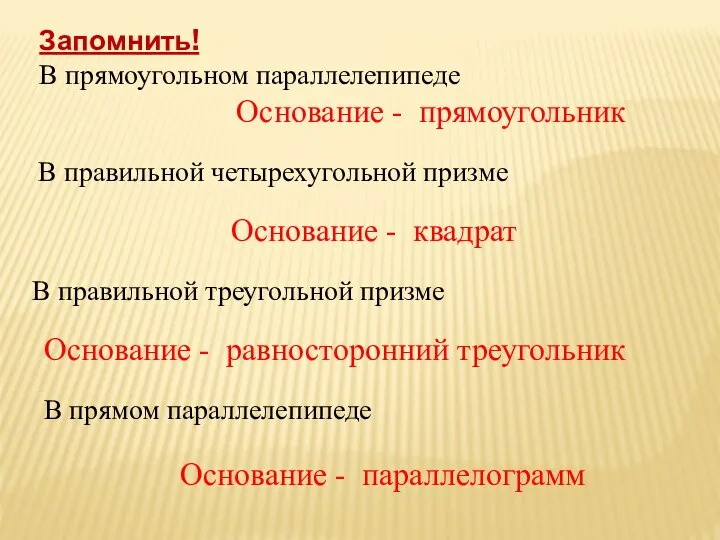 Запомнить! В прямоугольном параллелепипеде В правильной четырехугольной призме В правильной треугольной призме