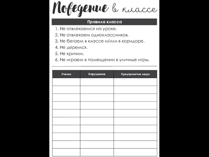 1. Не отвлекаемся на уроке. 2. Не отвлекаем одноклассников. 3. Не бегаем