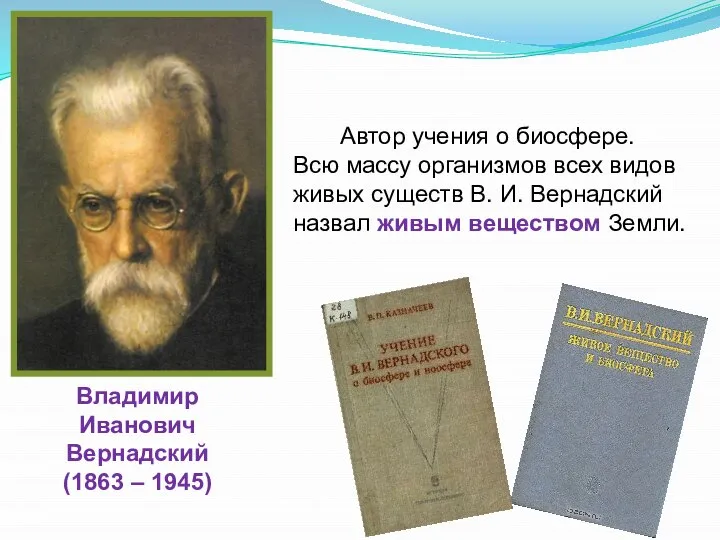 Владимир Иванович Вернадский (1863 – 1945) Автор учения о биосфере. Всю массу