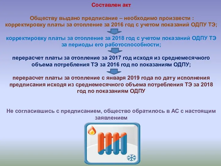 Составлен акт Обществу выдано предписание – необходимо произвести : корректировку платы за