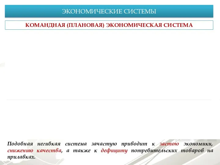 ЭКОНОМИЧЕСКИЕ СИСТЕМЫ КОМАНДНАЯ (ПЛАНОВАЯ) ЭКОНОМИЧЕСКАЯ СИСТЕМА 1. Государственный монополизм Полное господство государства