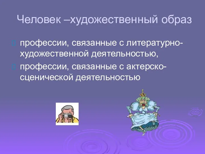 Человек –художественный образ профессии, связанные с литературно-художественной деятельностью, профессии, связанные с актерско-сценической деятельностью