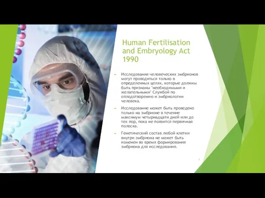 Human Fertilisation and Embryology Act 1990 Исследования человеческих эмбрионов могут проводиться только