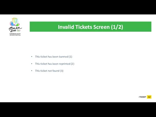 Invalid Tickets Screen (1/2) This ticket has been banned (1) This ticket