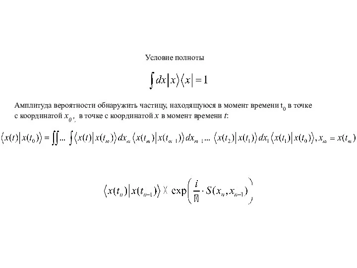 Условие полноты Амплитуда вероятности обнаружить частицу, находящуюся в момент времени t0 в