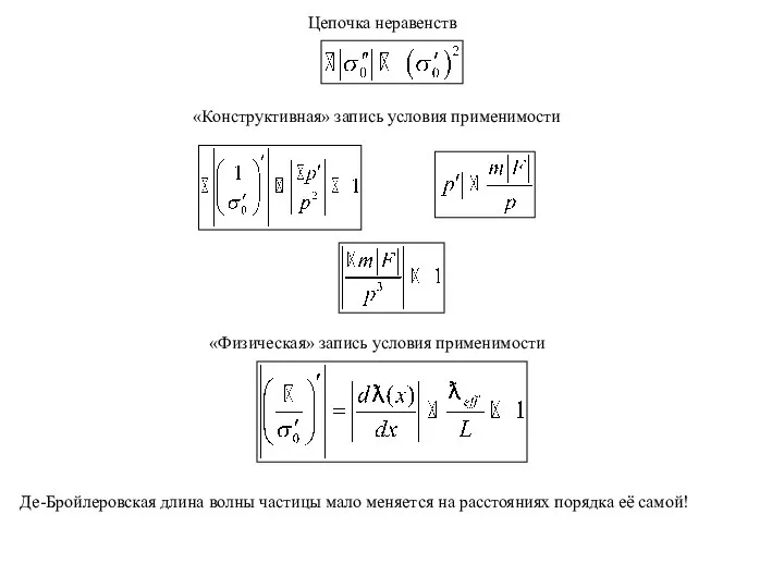 Цепочка неравенств «Конструктивная» запись условия применимости «Физическая» запись условия применимости Де-Бройлеровская длина